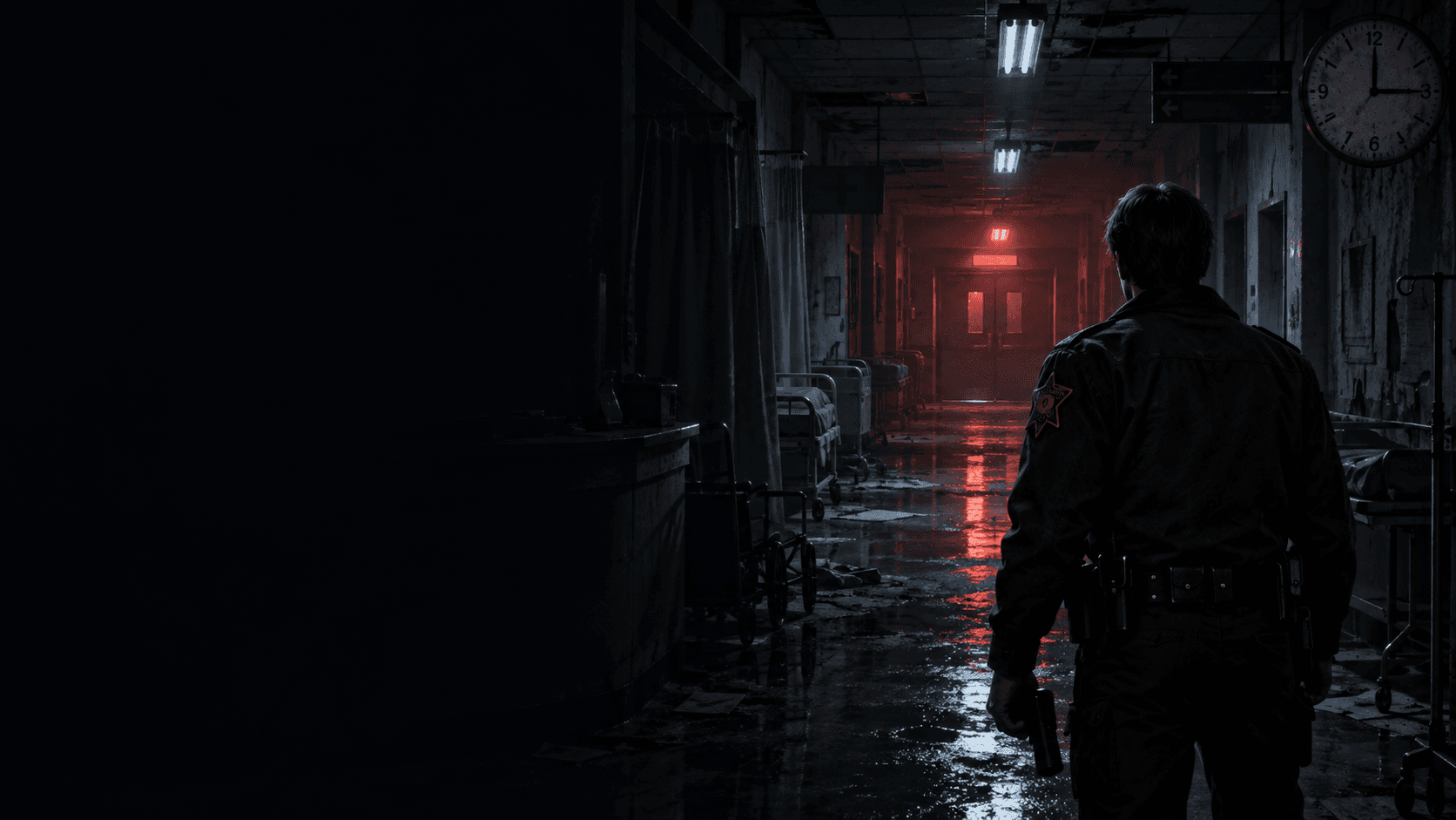 A lone sheriff faces a red-lit corridor inside a dark hospital.